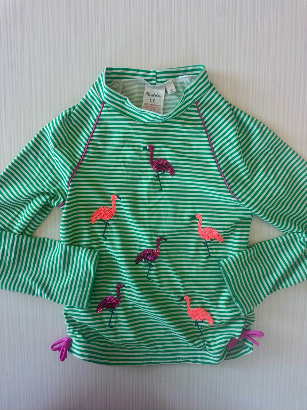 Mini Boden Green & White Striped Rashguard with Pink Flamingos
